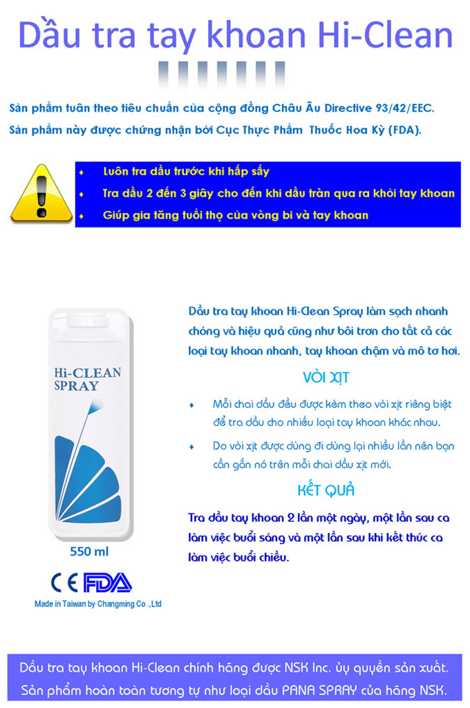 Dầu tay khoan NSK HiClean Spray Thiết bị nha khoa, vật liệu nha khoa